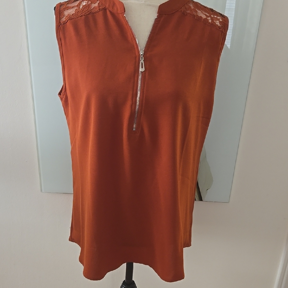Orange Sleeveless Zippered Blouse with Mandarin Collar